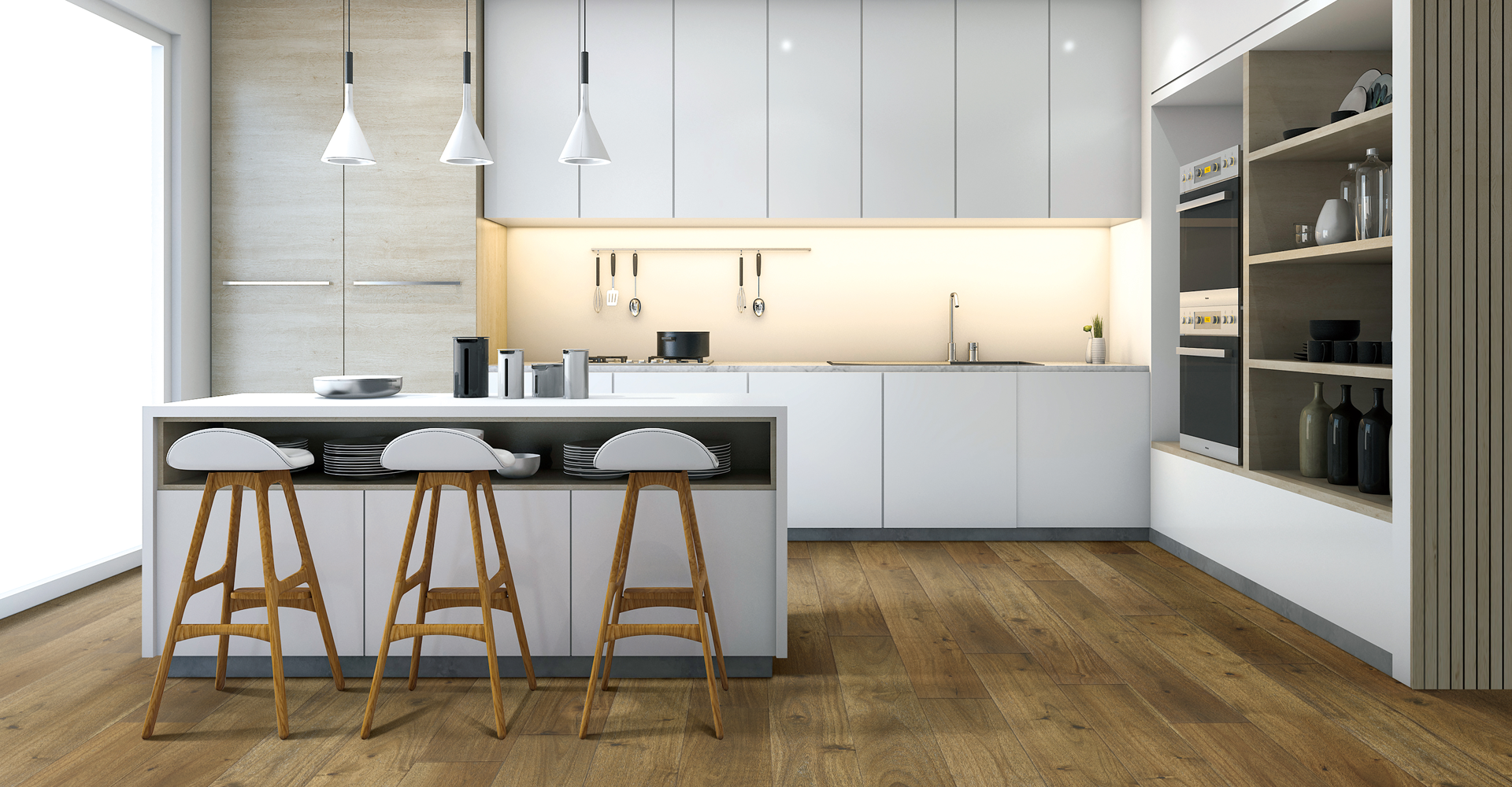 A kitchen with white cabinets and countertops and wood floors.
